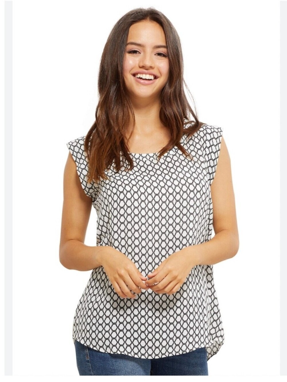 Pleione Cap Sleeve Top Blouse Shirt Women White Black Geo Print Minimalist M
